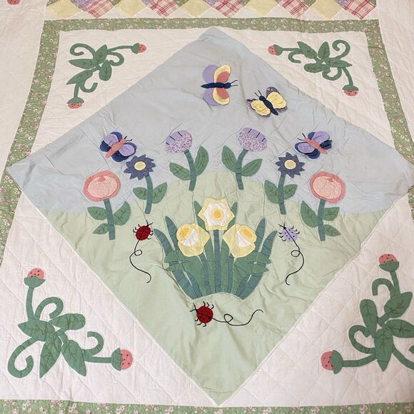 Vintage JCP Quilt Patchwork Twin Multi 3D Appliques Girls Floral Butterflies - Picture 3 of 13